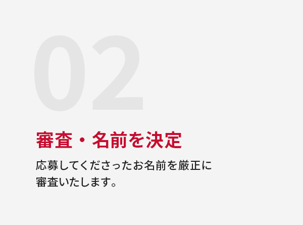 02 審査・名前を決定 応募してくださったお名前を厳正に審査いたします。