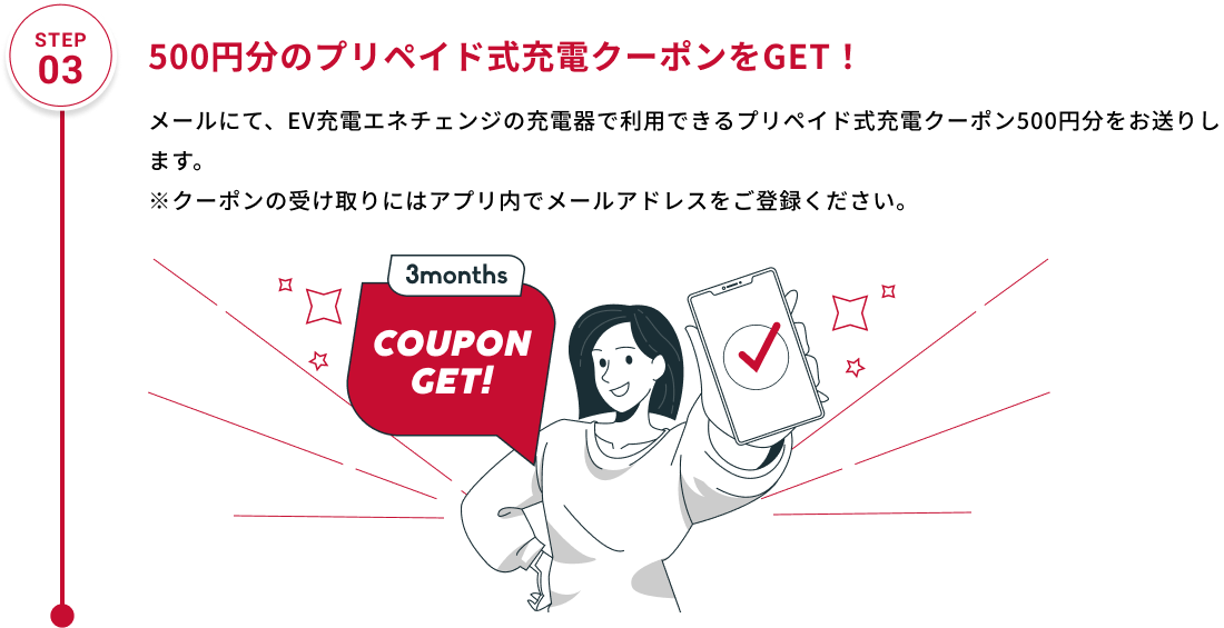 STEP03 500円分のプリペイド式充電クーポンをGET！ メールにて、EV充電エネチェンジの充電器で利用できるプリペイド式充電クーポン500円分をお送りします。 ※クーポンの受け取りにはアプリ内でメールアドレスをご登録ください。