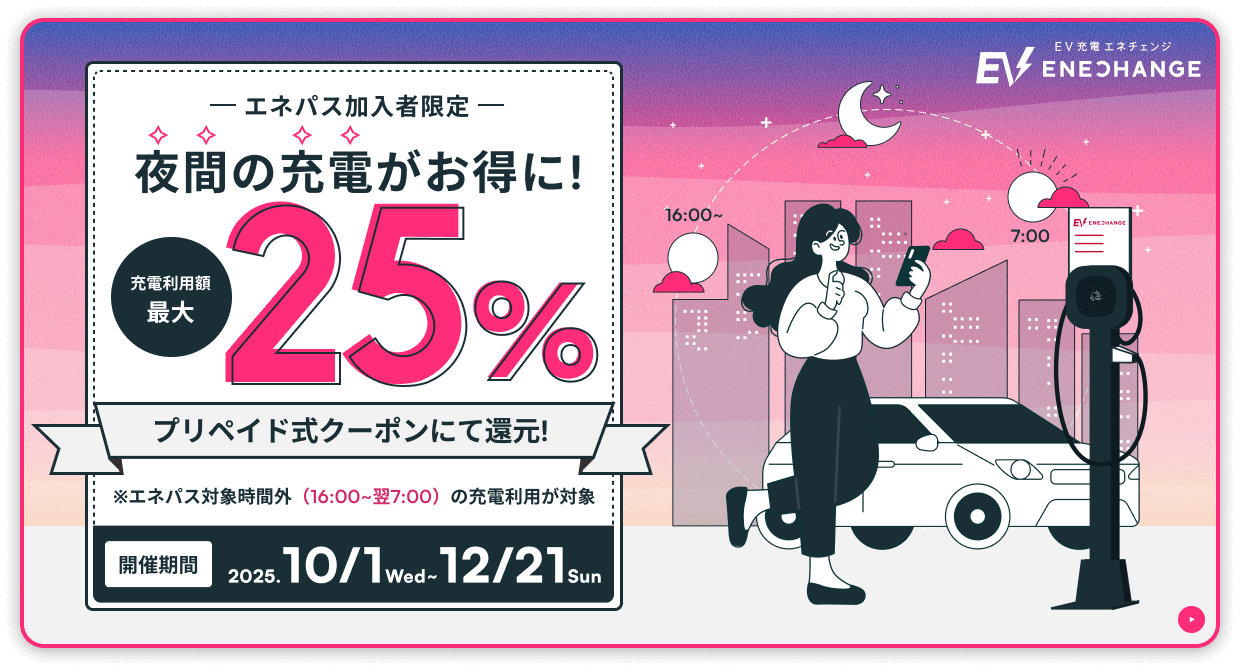 エネパス加入者限定 夜間の充電がお得に! 充電利用額最大25% プリペイドクーポンにて還元! ※エネパス対象時間外(16:00~翌7:00)の充電利用が対象 開催期間2025.10/1 Wed ~ 12/21 Sun